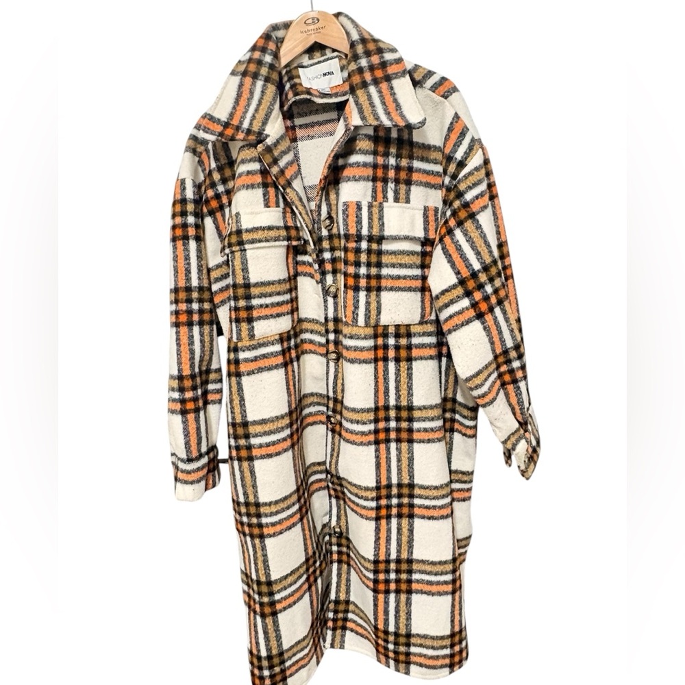 Fashion Nova Plaid Trench Coat - Cream, Black, Brown, Tan - Picture 1 of 4
